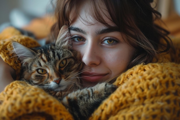 Une femme dans un pull jaune embrasse et caresse son chat IA générative