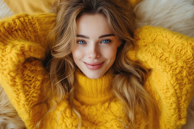 Photo une femme dans un pull jaune sur un fond blanc