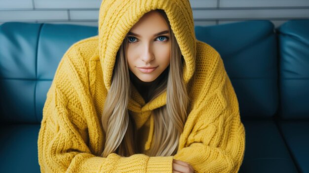 Une femme dans un pull jaune et un hoodie ai