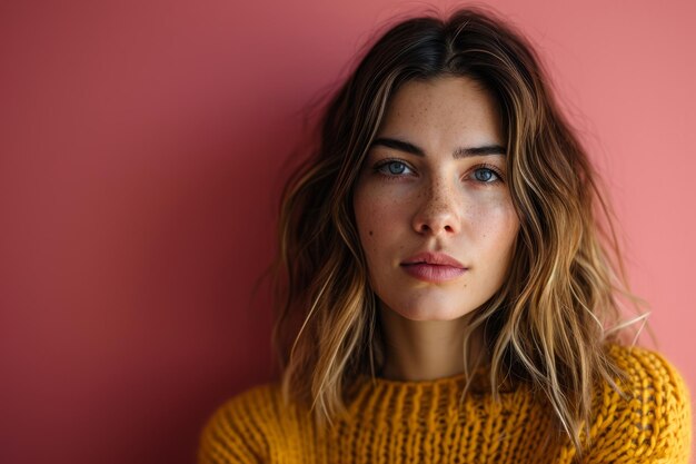 Une femme dans un pull jaune regardant la caméra