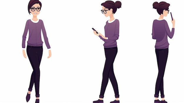 une femme dans un pull violet regarde un téléphone