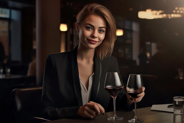 Une femme dans un restaurant buvant du vin