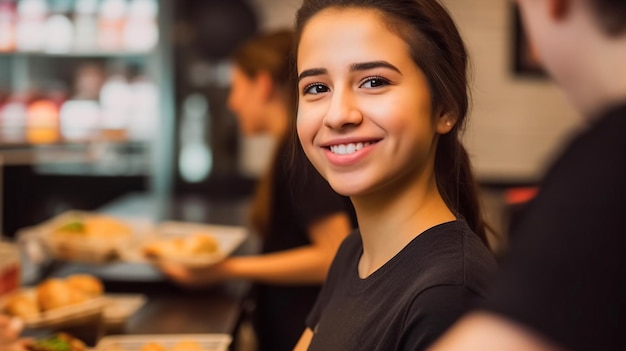 Une femme dans un restaurant souriant à la caméra