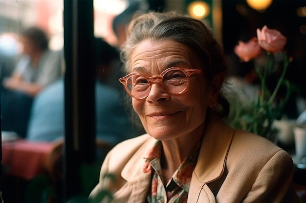 Une femme dans un restaurant avec des verres et une fleur en arrière-plan