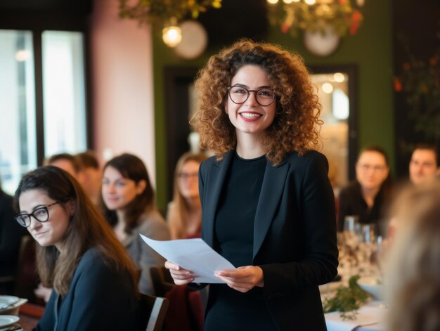 Photo femme dans une réunion d'affaires menant avec confiance