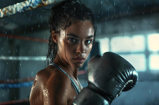 Photo une femme dans un ring de boxe avec de la sueur qui coule.