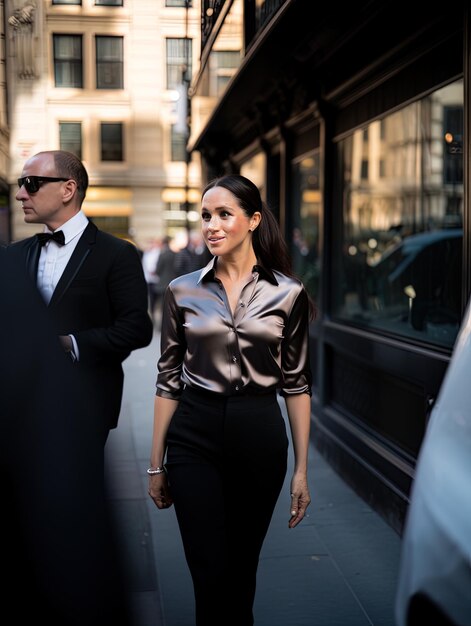 Photo une femme dans une robe argentée et noire marche dans la rue