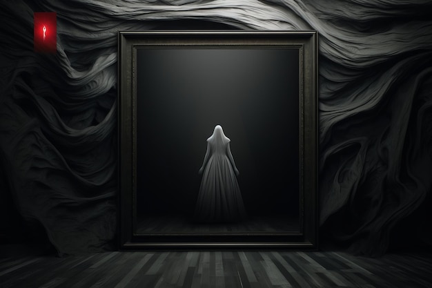 Une femme dans une robe blanche debout devant un miroir dans une pièce sombre