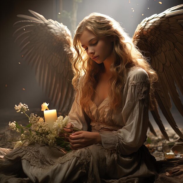 Photo une femme dans une robe blanche tient un bouquet de fleurs et un ange tient un bouquin de fleurs