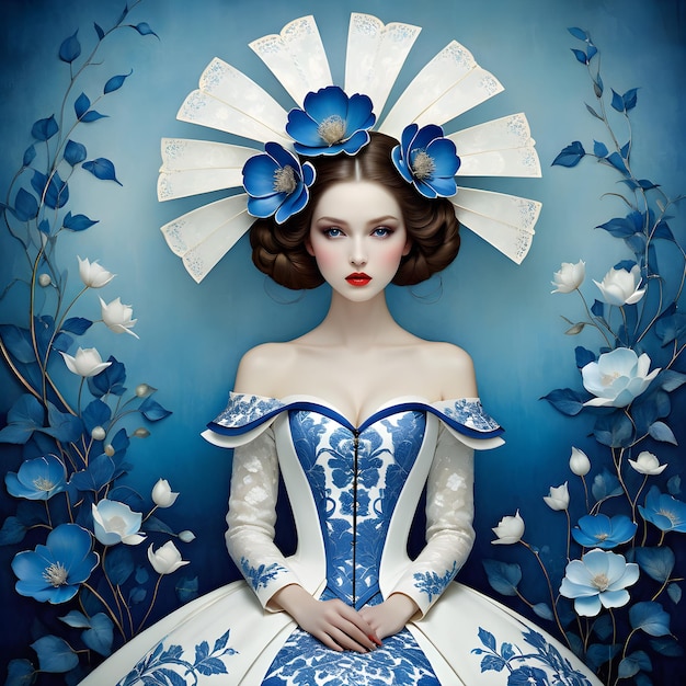 une femme dans une robe bleue et blanche avec un chapeau bleu et blanc et un imprimé floral bleu