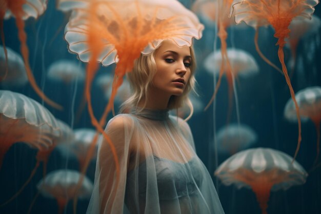 une femme dans une robe bleue avec des méduses orange sur le bas.