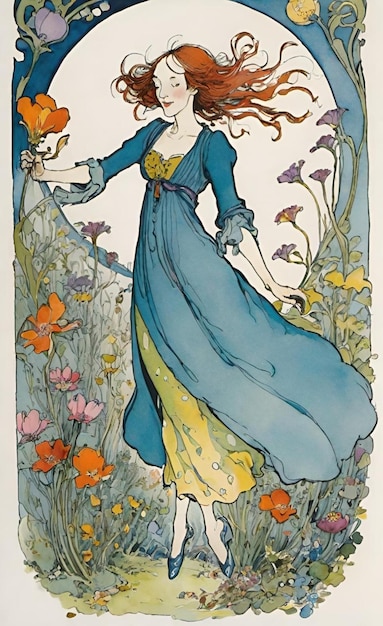 une femme dans une robe bleue avec des papillons et des fleurs