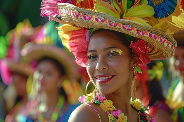 Une femme dans une robe et un chapeau colorés