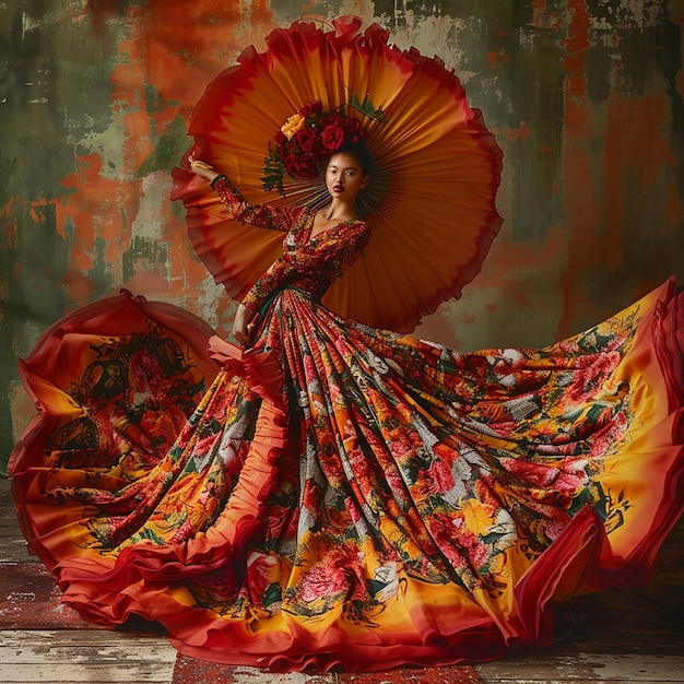 une femme dans une robe colorée danse devant un mur avec une grande fleur au milieu