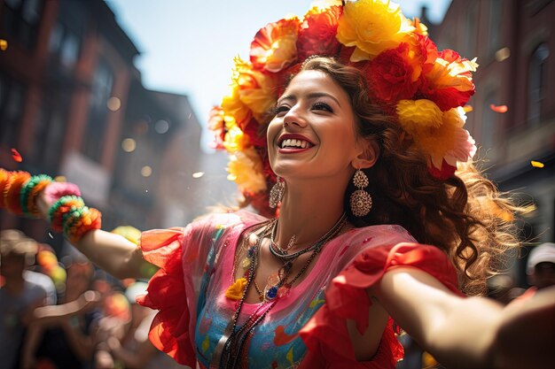 Une femme dans une robe colorée danse.