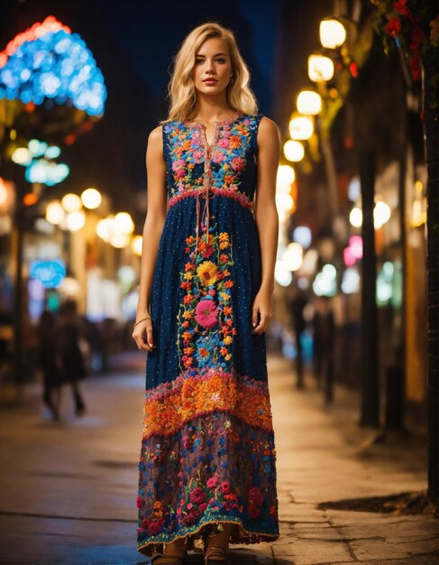 une femme dans une robe colorée se tient sur un trottoir