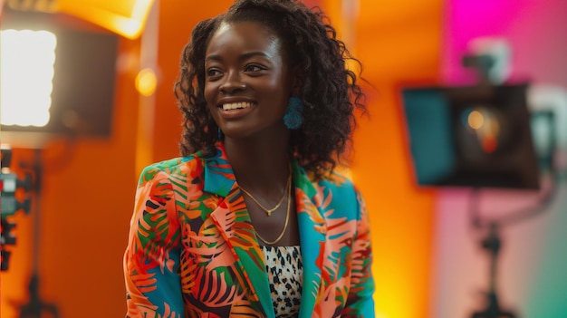 une femme dans une robe colorée sourit à la caméra