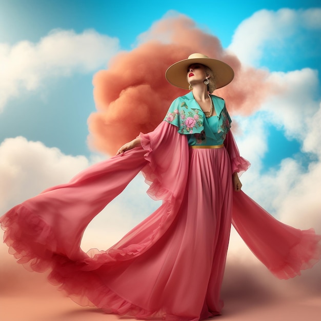 femme dans une robe courte avec des nuances colorées chapeau fedora résumé photographie de mode