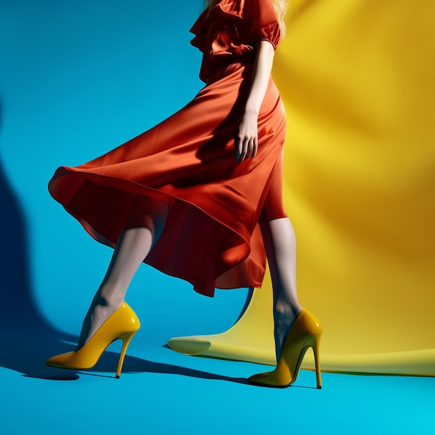 femme dans une robe courte avec des nuances colorées chapeau fedora résumé photographie de mode