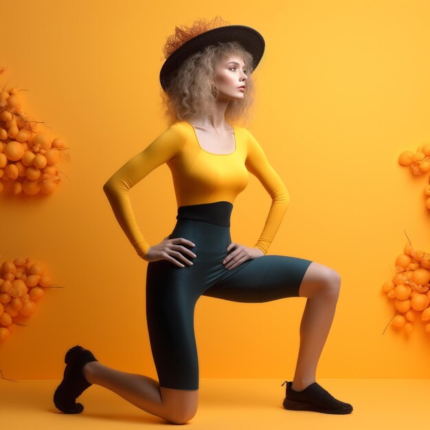 femme dans une robe courte avec des nuances colorées chapeau fedora résumé photographie de mode