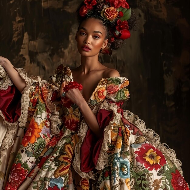 une femme dans une robe avec des fleurs sur le devant et le mot e sur le bas