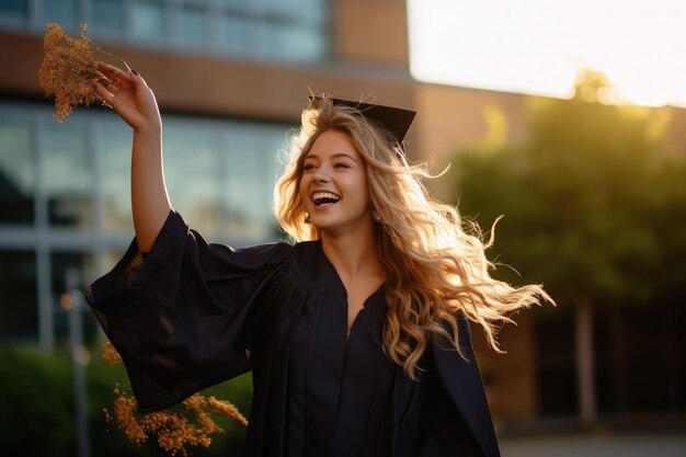 Une femme dans une robe de graduation tenant un morceau de pain