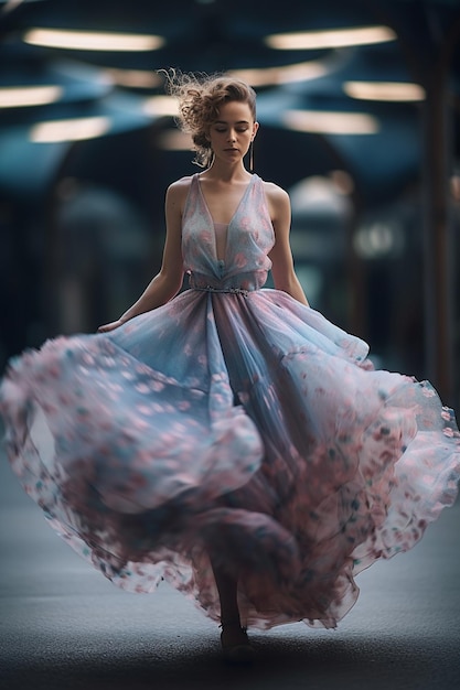 Une femme dans une robe avec un motif de fleurs dessus