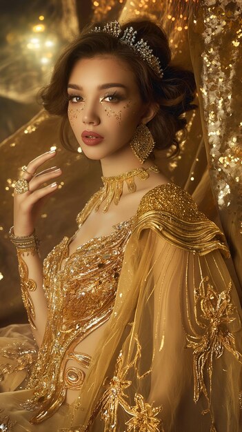 une femme dans une robe d'or avec des broderies en or