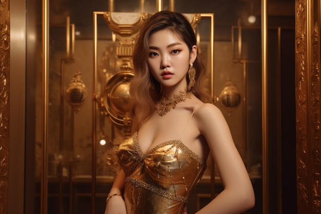 La femme dans une robe d'or se tient devant un mur d'or