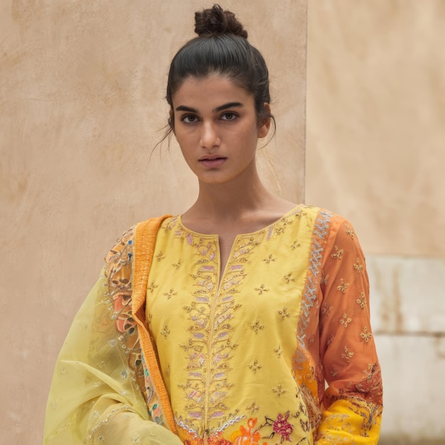 une femme dans une robe orange et jaune avec le mot citation sur elle citation
