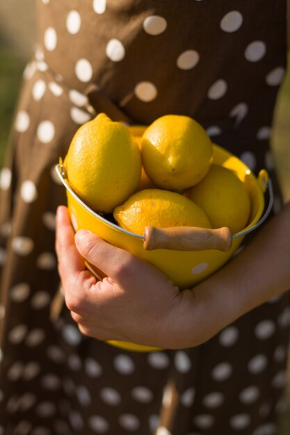 Femme dans une robe à pois marron tenant un seau jaune plein de citrons bio