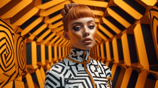 Photo une femme dans une robe à rayures noires et orange