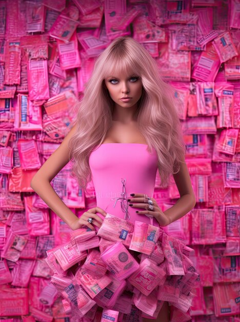 Photo une femme dans une robe rose avec beaucoup d'argent sur le mur derrière elle elle regarde la caméra