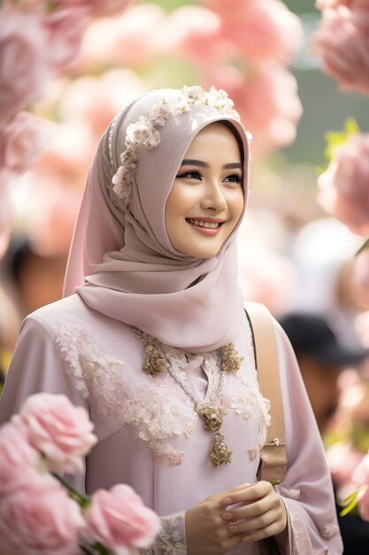 une femme dans une robe rose avec des fleurs