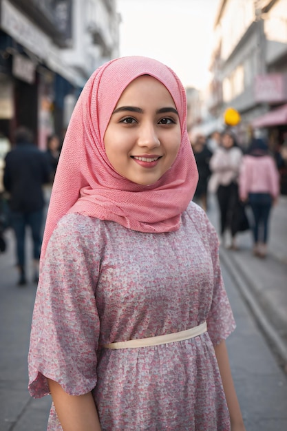 une femme dans une robe rose avec un foulard rose sur la tête