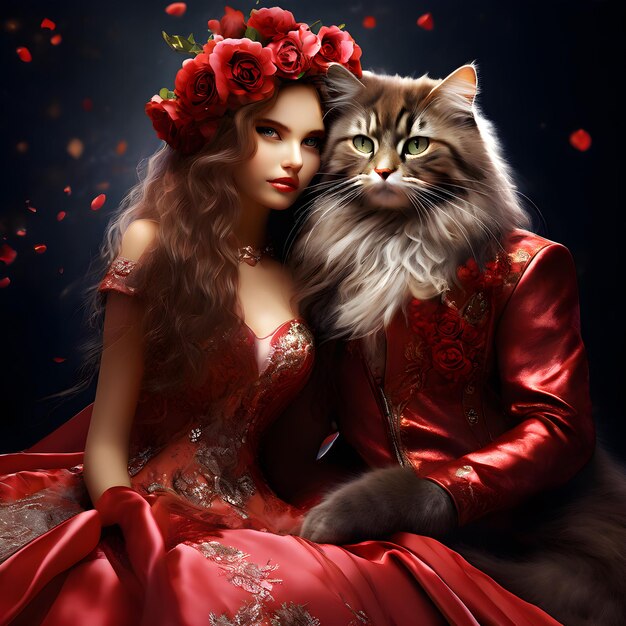 une femme dans une robe rouge et un chat avec une robe rouge sur