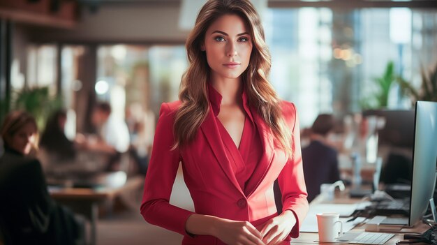 Photo une femme dans une robe rouge et des cheveux longs dans le bureau