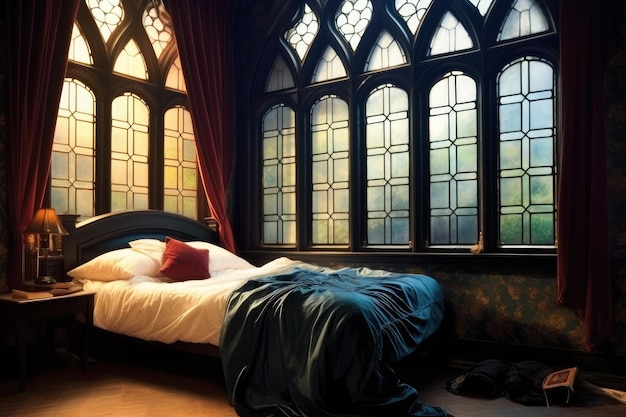 Photo une femme dans une robe rouge avec une fenêtre une fille allongée sur un lit avec un drap trois grandes fenêtres deux générés par l'ia
