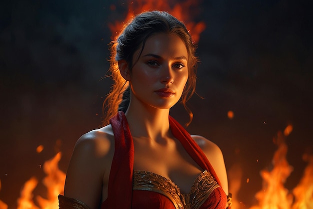 une femme dans une robe rouge avec un feu derrière elle