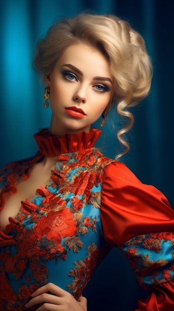 Une femme dans une robe rouge avec un fond bleu