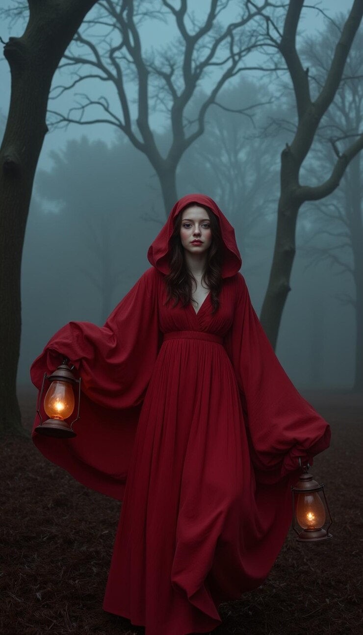 une femme dans une robe rouge avec une lanterne dans le noir