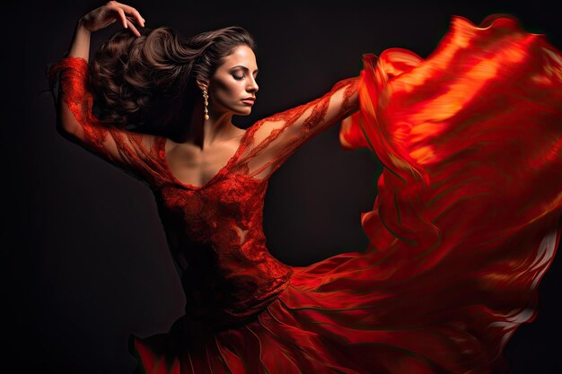 Une femme dans une robe rouge avec ses cheveux qui coulent