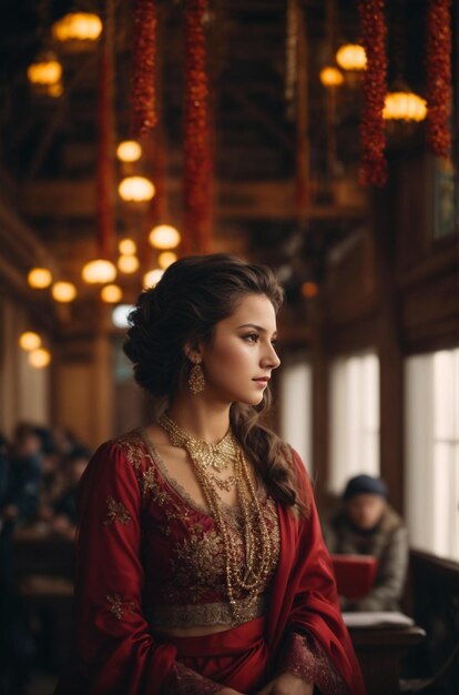 une femme dans une robe rouge avec une tresse dans ses cheveux