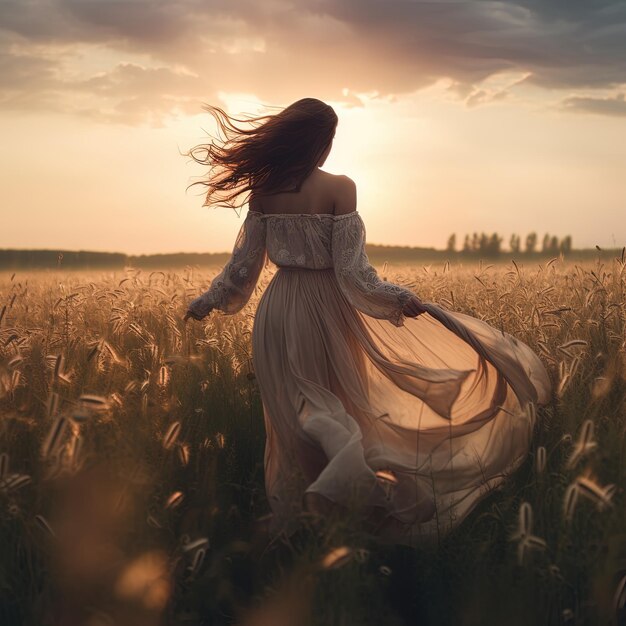 Photo une femme dans une robe avec le soleil qui se couche derrière elle