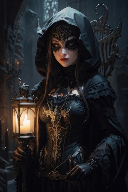 une femme dans une robe sombre tenant une lanterne dans sa main et un masque sombre sur son visage