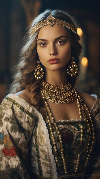 une femme dans une robe avec un tassel d'or et des boucles d'oreilles