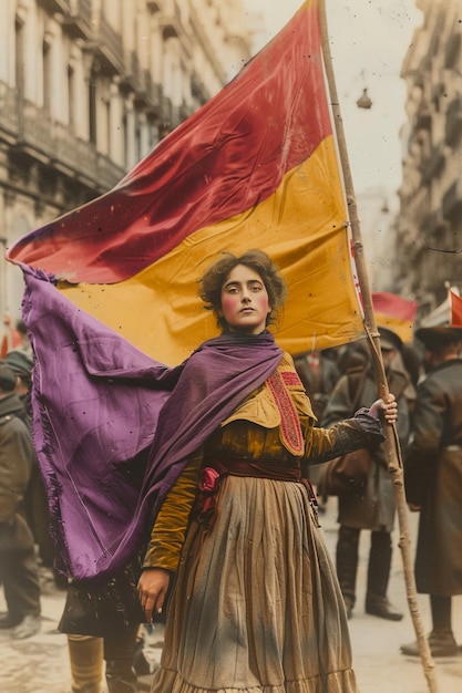 Photo une femme dans une robe tenant un drapeau qui dit le mot dessus