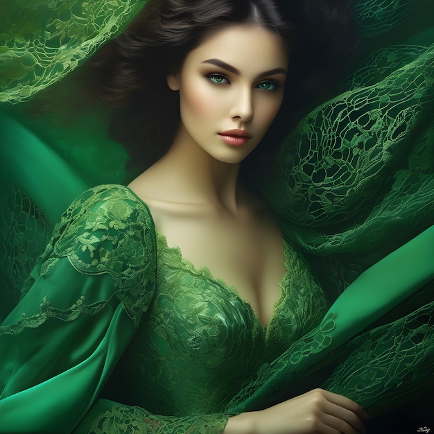 une femme dans une robe verte avec un voile vert