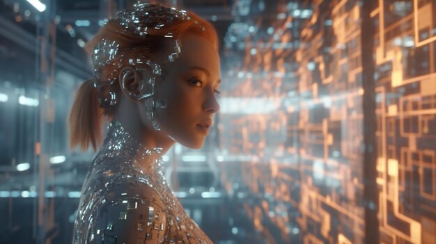 Photo une femme dans un robot argenté aux cheveux métalliques argentés se tient devant un mur de verre.