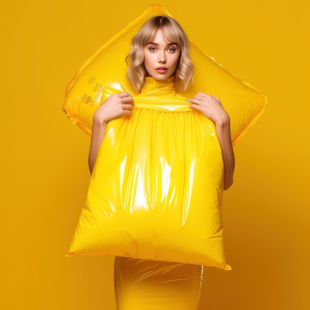 Photo une femme dans un sac jaune qui dit que le sac jaune est enroulé autour de son cou